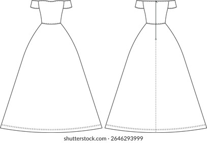 off the shoulder short sleeve strapless neck zippered a line ball gown long maxi wedding dress template technical drawing flat sketch cad mockup fashion woman design style model 
