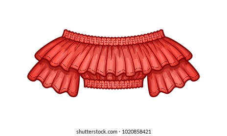 Off the shoulder smocked cropped red top with ruffle neckline and short sleeves. Elastic hem and neckline. Vector illustration.