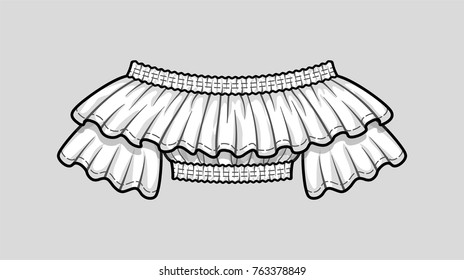 Off the shoulder smocked cropped top with ruffle neckline and short sleeves. Elastic hem and neckline. Vector illustration. Technical flat sketch.