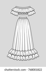 Off the shoulder smocked cropped top with ruffle neckline and short sleeves, elastic hem and neckline. Flared long skirt with double ruffle hem, elastic smocked waist. Technical flat sketch, vector.