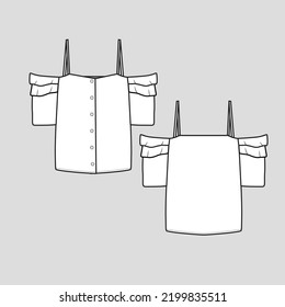 Aus Schulterband Staffelschnecke mit Reißverschluss Top-Bedienfeld Mode-Flachskizze Zeichnung Design-Vorlage