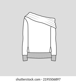 Off Shoulder sweatshirt top  long sleeve  ribbed hem  flat sketch template cad drawing design