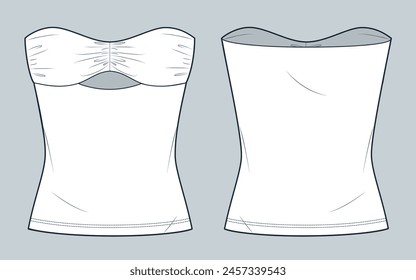 Off Shoulder Top technical fashion illustration. Bustier Top fashion flat technical drawing template, draped, slim fit, front and back view, white, women CAD mockup.