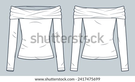 Off Shoulder Top technical fashion illustration. Long Sleeve Shirt fashion flat technical drawing template, slim fit, front and back view, white, women Top CAD mockup.