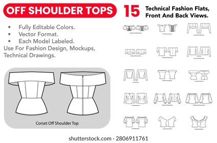 Off Shoulder Tops collection featuring black and white technical fashion flats with front and back views, outline versions, open necklines and fitted shapes. Vector illustration