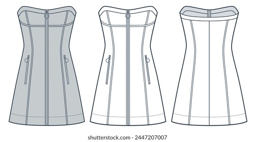 Off Shoulders Dress technical fashion Illustration. Zipped Dress fashion flat technical drawing template, slim fit, pockets, front and back view, white, grey, women CAD mockup set.