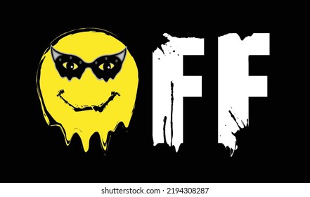 OFF slogan fluid style emoji print design. Masked yellow smile on black background. t shirt graphic pattern. vector illustration