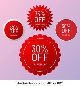 Off this week only. Round red shape circle stickers for best arrival shop product tags, badge, labels or sale sign sticker and discount banners vector poster templates.