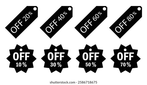 Off vector labels set, 50%,80%,20%,30%,40%,60%,70% off. Tag of sale. Set of red off vector labels. Sale offer label. vector illustration. 