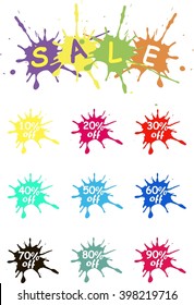 Off vector tags, sale. The spot of spilled paint on white. Colorful sale label icons, product packing, vector