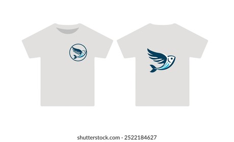 Off white colour  with  Flaying Fish logo t-shirt design template. Vector illustration with Flying Fish, Hook silhouette. Perfect design for print on the t-shirt.