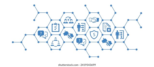 offboarding hr measures vector illustration. Concept with connected icons related to layoff workers, resignation, change management, downsizing and contract termination.