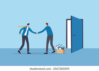 Offboarding process for employee leaving company, farewell or departure, quit job, decision for new opportunity, terminate work contract process, businessman manager check hands with leaving employee.