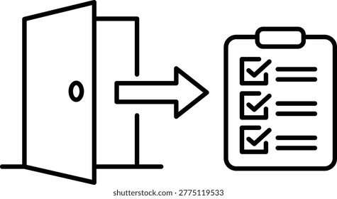 Offboarding process minimalist black line vector icon illustration on white background featuring an open door with an arrow pointing to a checklist clipboard for employee exit procedures.