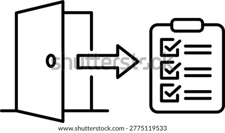 Offboarding process minimalist black line vector icon illustration on white background featuring an open door with an arrow pointing to a checklist clipboard for employee exit procedures.