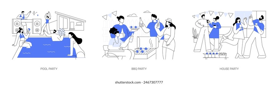 Off-campus hang out isolated cartoon vector illustrations set. Group of happy university students having fun at pool, college friends making BBQ together, young people at house party vector cartoon.