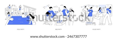 Off-campus hang out isolated cartoon vector illustrations set. Group of happy university students having fun at pool, college friends making BBQ together, young people at house party vector cartoon.