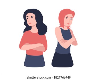 Offended, angry and resentment women. Complicated relationship. Cross arms, crossed pose. Flat vector cartoon illustration.