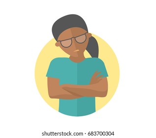 Offended black girl in glasses. Insult emotion. Flat design sign. Abused woman. Simply editable isolated on white vector illustration