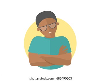 Offended black handsome man in glasses. Insult emotion. Flat design sign. Abused guy. Simply editable isolated on white vector illustration
