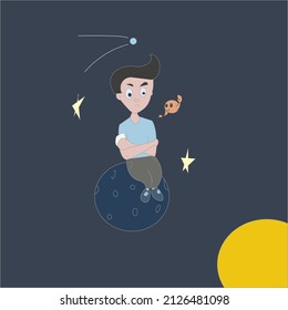 Niño ofendido sentado en un planeta en el espacio