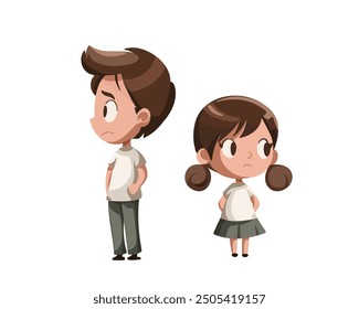 Offended cartoon boy and girl stand with their backs to each other, brother and sister, children quarrel, kids, copy space