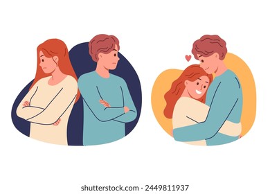 Offended couple experiences disagreements after family quarrel and hugs to try on or restore relations. Conflict between man and woman is resolved thanks visit to family psychotherapist