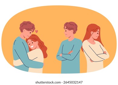 Offended couple experiences disagreements after family quarrel and hugs to try on or restore relations. Conflict between man and woman is resolved thanks visit to family psychotherapist