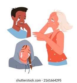 Offended crying lonely people. Depressed and stressed teenagers, loneliness and sadness, anxiety problems, hurting state mood, sensitive people with emotional tension vector illustration