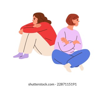 Offended disagreed girls friends in conflict. Relationship problem, disagreement between two people, misunderstanding and separation concept. Flat vector illustration isolated on white background