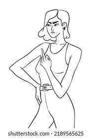 Offended Doodle Girl Shows A Fuck. A Frowning Young Woman Shows An Obscene Gesture. Vector Sketch Of Smug Person With Fuck You Gesture Isolated On White Background.