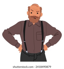 Offended Elderly Man Stands With Arms Akimbo, His Furrowed Brow And Pursed Lips Conveying Disapproval And Indignation. Displeased Angry Senior Male Character. Cartoon People Vector Illustration