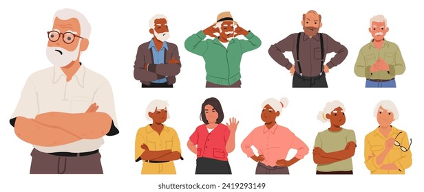 Offended Elderly People Display Signs Of Upset Or Frustration Through Crossed Arms, Furrowed Brows And Stern Facial Expressions. Characters Show Displeasure Or Disapproval. Cartoon Vector Illustration