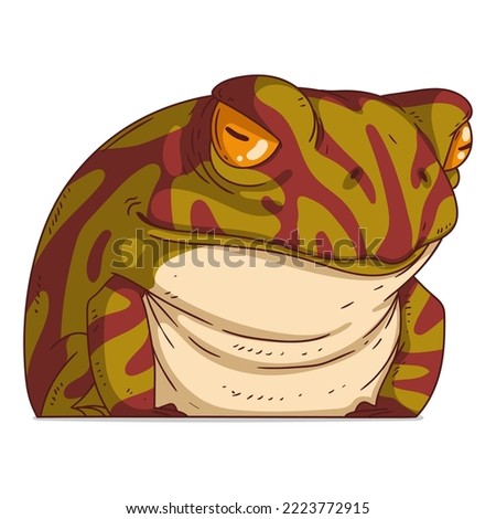 An Offended Frog, isolated vector illustration. Cartoon picture of a serious frowning toad sitting. Drawn animal sticker. Simple drawing of a sad resented frog on white background. An upset amphibian