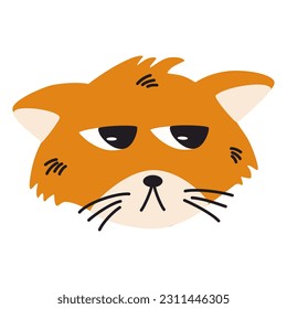Offended Ginger Cat muzzle. Funny friendly domestic animal, pet. Childish Vector flat illustration isolated on the white background.