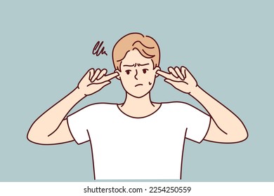 Offended guy closes ears does not want to hear toxic words or insults from peers or girlfriend. Embarrassed man trying to get rid of noise or loud music played by rude neighbors. Flat vector design 