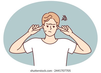 Offended guy closes ears does not want to hear toxic words or insults from peers or girlfriend. Embarrassed man trying to get rid of noise or loud music played by rude neighbors. Flat vector design