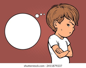 Offended little boy. Bubble for text. Stubborn pose. Dissatisfied child. Cartoon vector illustration pop art. Hand drawn line, comic style