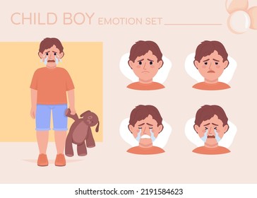 Offended little boy crying semi flat color character emotions set. Editable facial expressions. Sadness vector style illustration for motion graphic design and animation. Quicksand font used