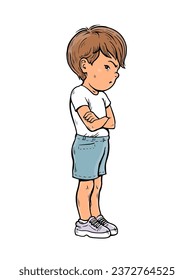 Offended little boy. Stubborn pose. Dissatisfied and naughty child. Cartoon vector illustration isolated on white background. Hand drawn line