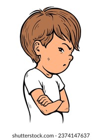 Offended little boy. Stubborn pose. Dissatisfied and naughty child. Cartoon vector illustration isolated on white background. Hand drawn line