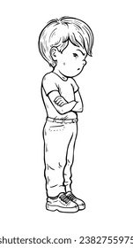 Offended little boy. Stubborn pose. Negative emotion. Dissatisfied child. Cartoon vector illustration black and white. Sketch hand drawn line