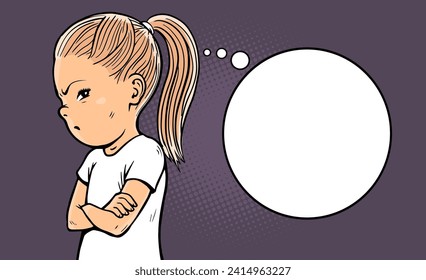 Offended little girl. Stubborn pose. Gloomy face. Dissatisfied child. Conflict and communication difficulties. Cartoon vector illustration pop art. Hand drawn outline