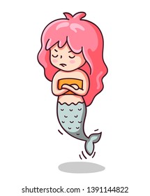 Offended mermaid, arms folded. Kawaii cartoon character. Vector illustration.