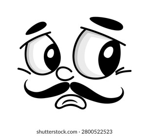 Offended poor face expression or sad emotion emoji with mustaches for cartoon emoticon character. Unhappy sad face or upset and cheerless emoji expression with moustaches and disappointed expression