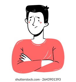 An offended, upset, embarrassed young man with his arms crossed over his chest in a simple linear doodle style. Vector isolated illustration