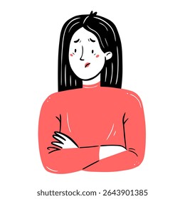 An offended, upset, embarrassed young woman with her arms crossed over his chest in a simple linear doodle style. Vector isolated illustration