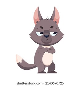 Offended wolf with his arms crossed over his chest. Sad gray mammal standing on white background cartoon vector illustration. Wildlife animal, predator, behavior concept