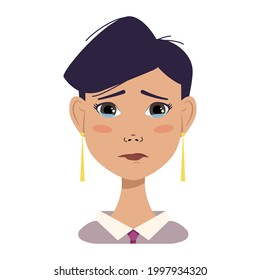 Offended woman avatar with black short fashionable hair, crying face and sad emotions. Human face of office worker with tears, pursed lips, modern depressed girl in shirt and tie