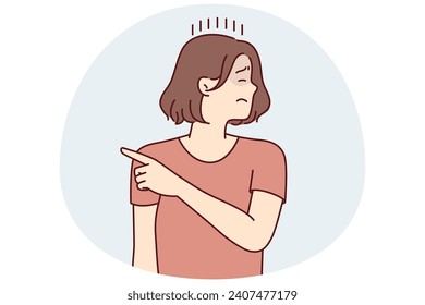 offended woman turns away and closing eyes points finger to side after quarrel or insults. Depressed girl in casual t-shirt is sad after job loss or lack of career growth. Flat vector illustration